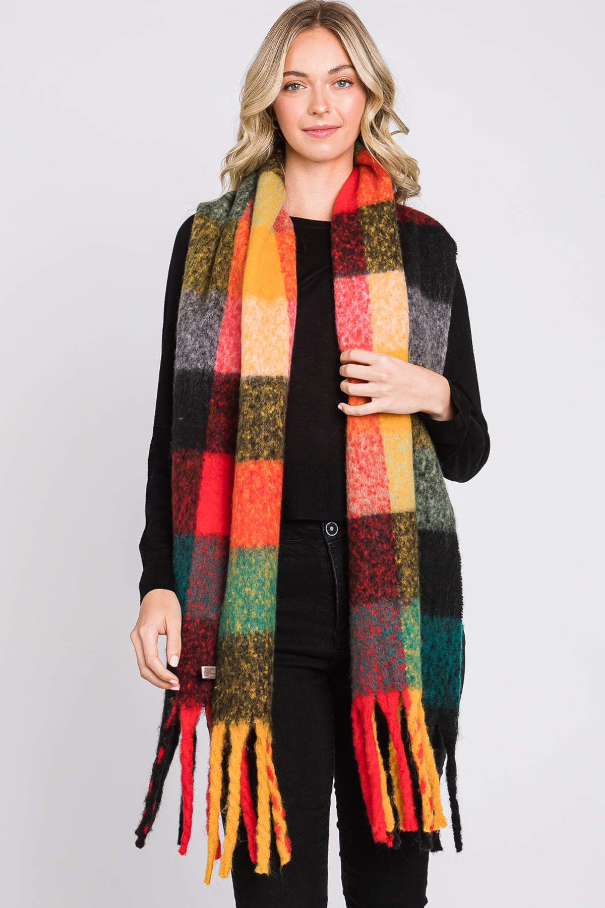 BRUSHED MULTI COLOR PLAID SCARF WITH FRINGE