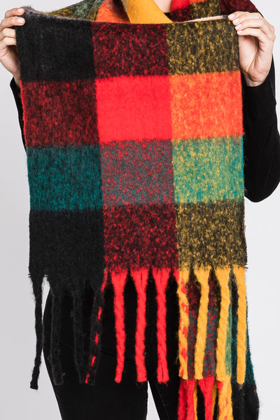 BRUSHED MULTI COLOR PLAID SCARF WITH FRINGE