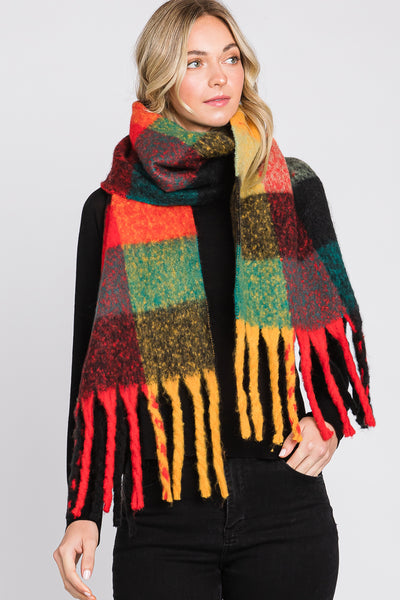 BRUSHED MULTI COLOR PLAID SCARF WITH FRINGE