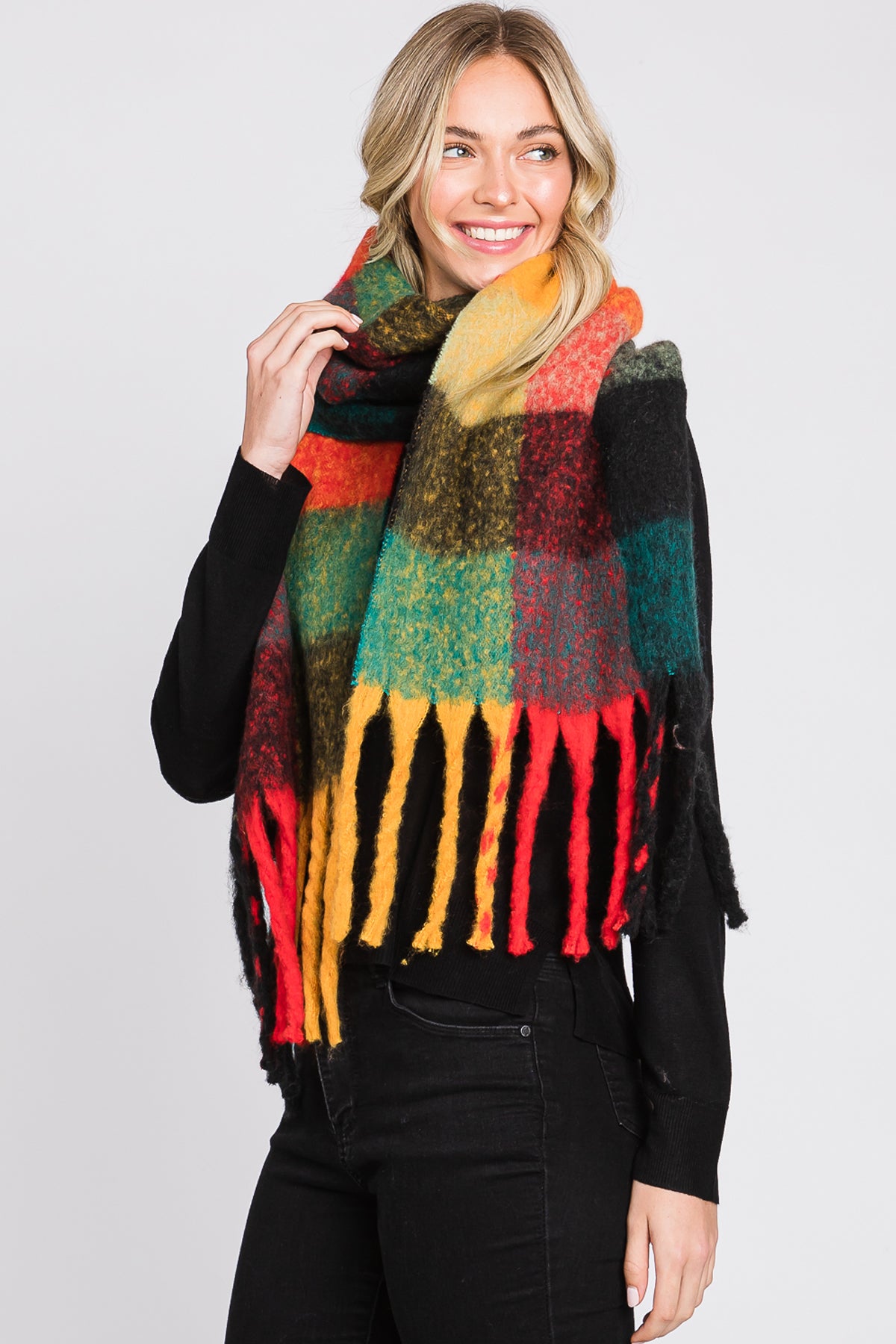 BRUSHED MULTI COLOR PLAID SCARF WITH FRINGE