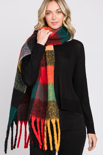 BRUSHED MULTI COLOR PLAID SCARF WITH FRINGE