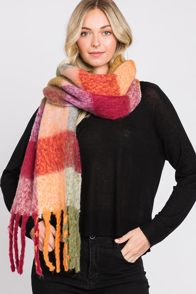 BRUSHED MULTI COLOR PLAID SCARF WITH FRINGE