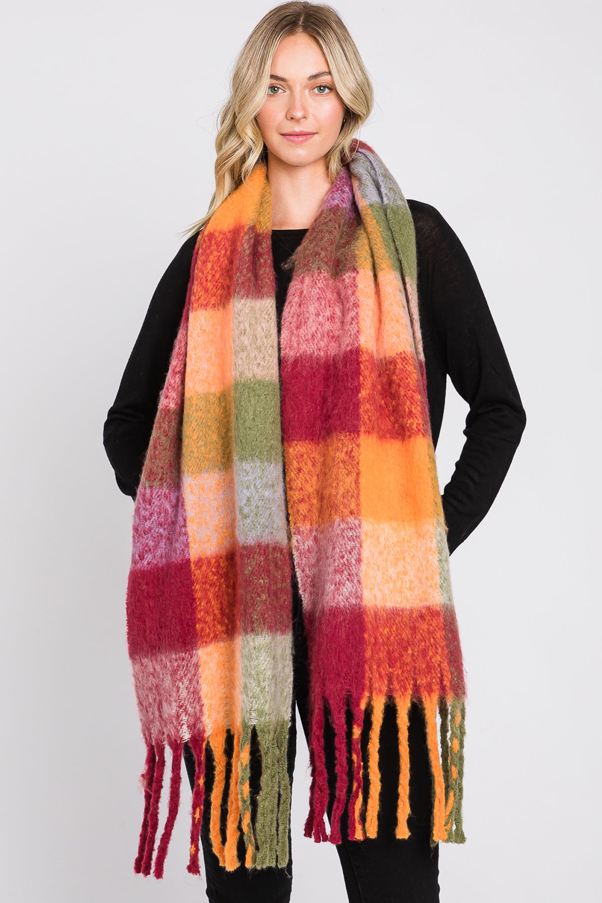 BRUSHED MULTI COLOR PLAID SCARF WITH FRINGE