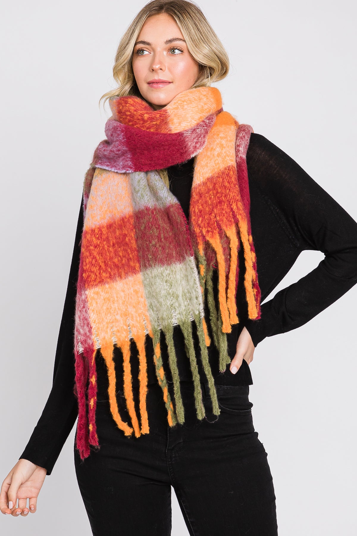 BRUSHED MULTI COLOR PLAID SCARF WITH FRINGE