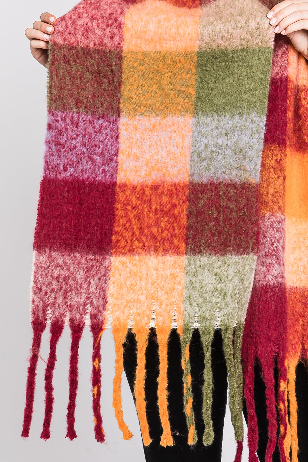 BRUSHED MULTI COLOR PLAID SCARF WITH FRINGE