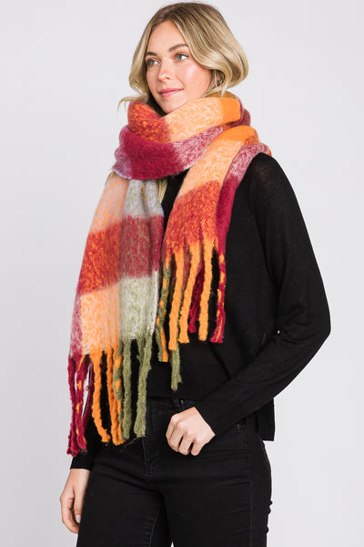 BRUSHED MULTI COLOR PLAID SCARF WITH FRINGE