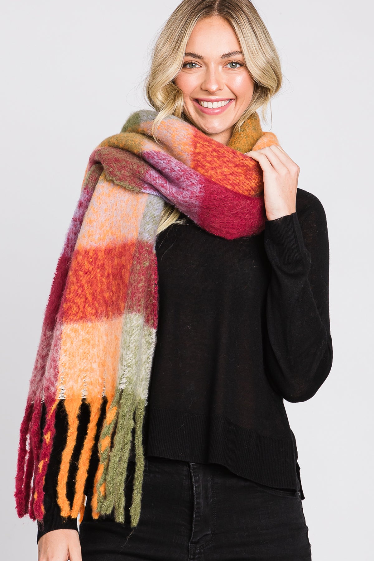 BRUSHED MULTI COLOR PLAID SCARF WITH FRINGE