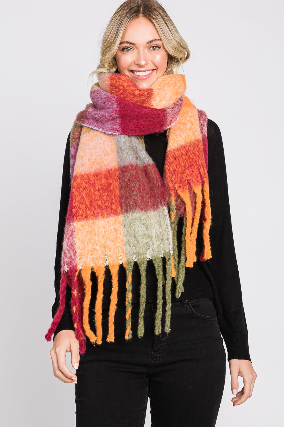 BRUSHED MULTI COLOR PLAID SCARF WITH FRINGE