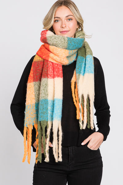 BRUSHED MULTI COLOR PLAID SCARF WITH FRINGE