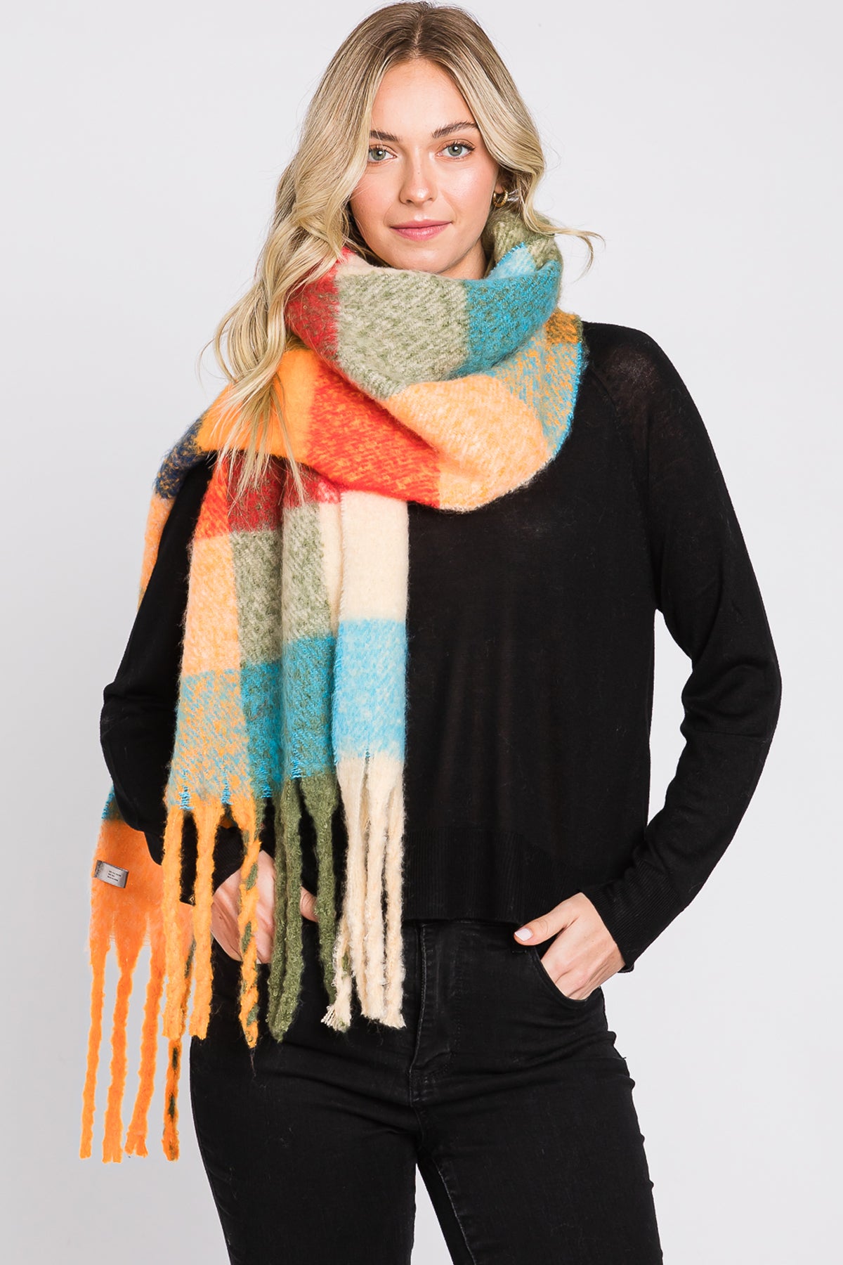 BRUSHED MULTI COLOR PLAID SCARF WITH FRINGE