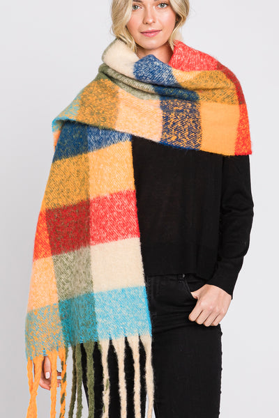 BRUSHED MULTI COLOR PLAID SCARF WITH FRINGE