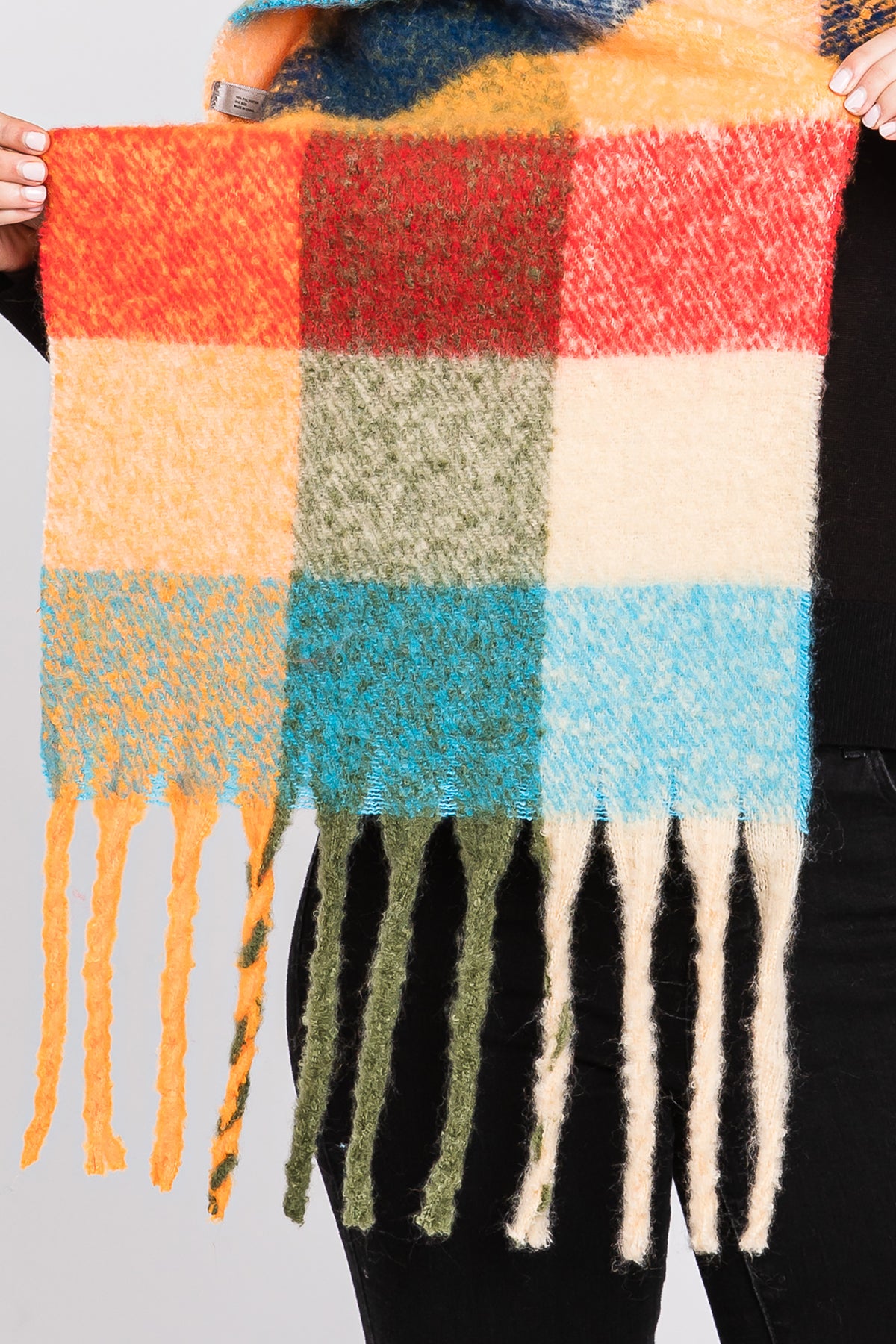 BRUSHED MULTI COLOR PLAID SCARF WITH FRINGE