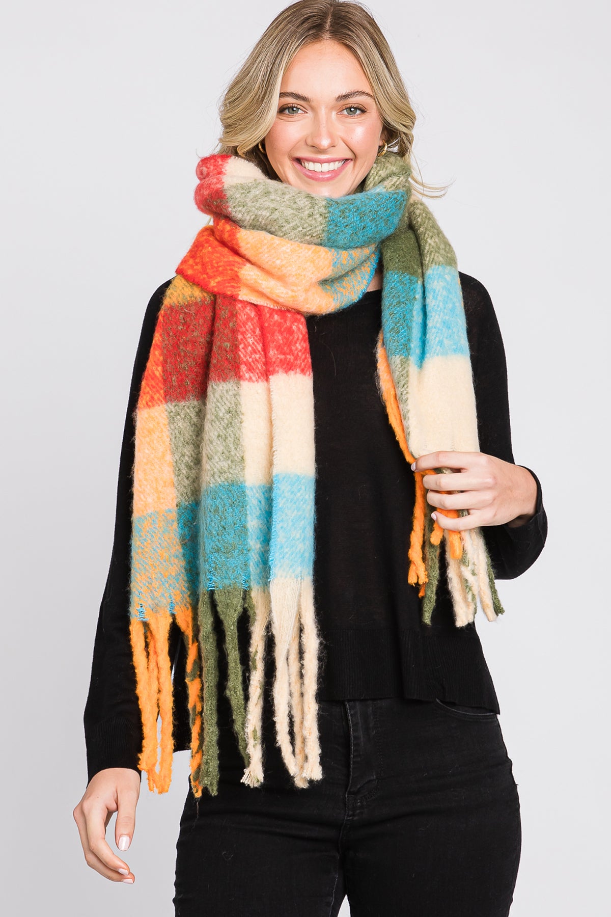 BRUSHED MULTI COLOR PLAID SCARF WITH FRINGE