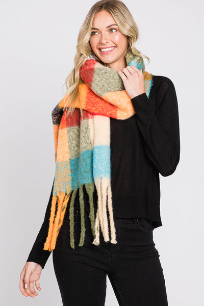 BRUSHED MULTI COLOR PLAID SCARF WITH FRINGE