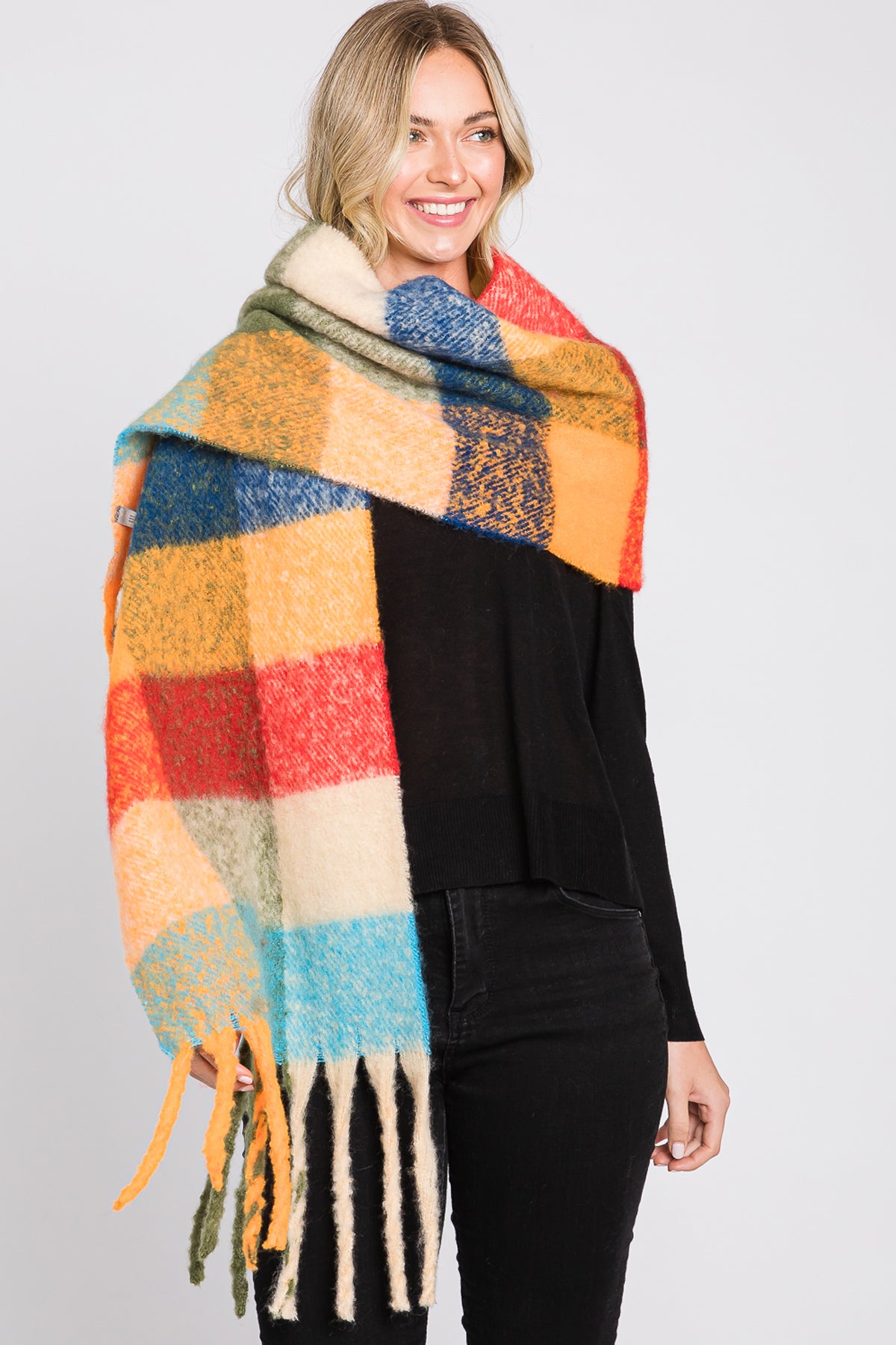 BRUSHED MULTI COLOR PLAID SCARF WITH FRINGE