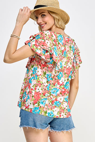 FLUTTER SLEEVE RUFFLED WOVEN PRINT TOP- MULTI 2-2-2-2