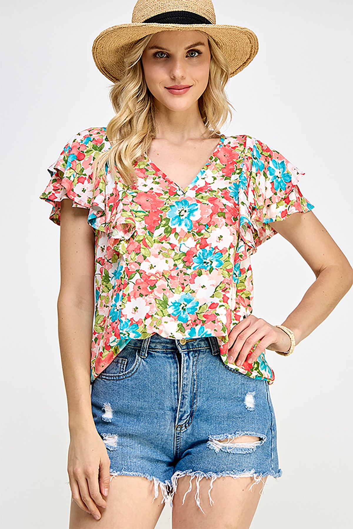 FLUTTER SLEEVE RUFFLED WOVEN PRINT TOP- MULTI 2-2-2-2