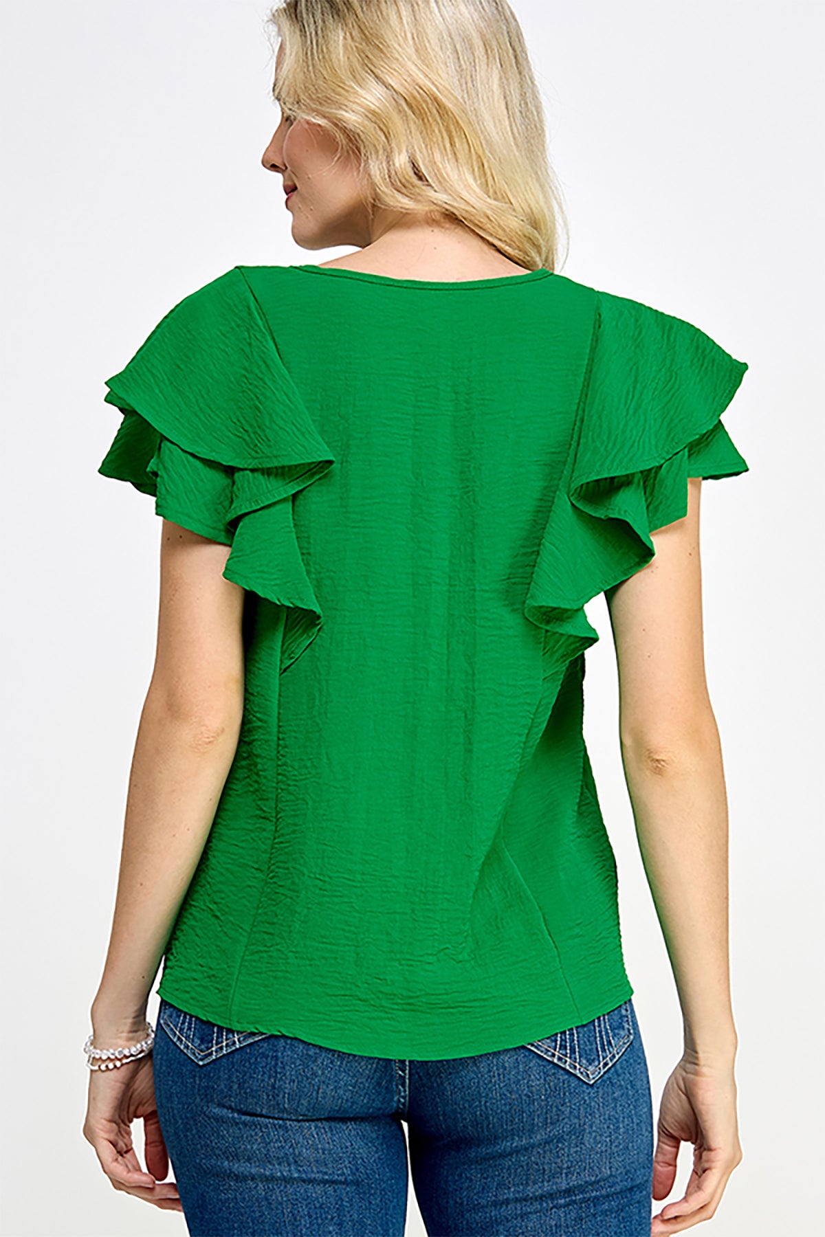 FLUTTER SLEEVE RUFFLE DETAIL V NECK WOVEN TOP 2-2-2-2