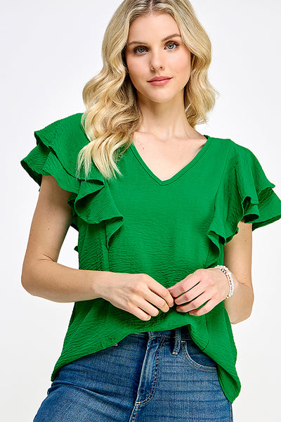 FLUTTER SLEEVE RUFFLE DETAIL V NECK WOVEN TOP 2-2-2-2