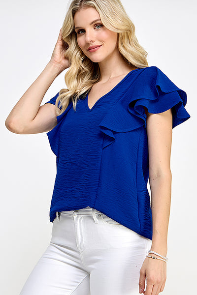 FLUTTER SLEEVE RUFFLE DETAIL V NECK WOVEN TOP 2-2-2-2