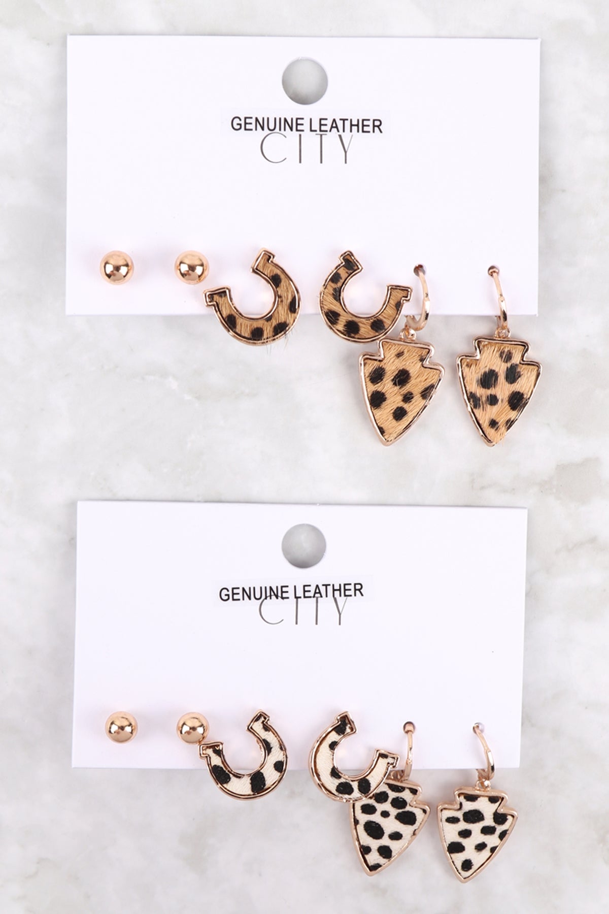 HORSESHOE ARROW HEAD GENUINE LEATHER 3 PAIR SET EARRING