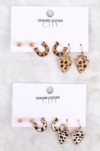 HORSESHOE ARROW HEAD GENUINE LEATHER 3 PAIR SET EARRING