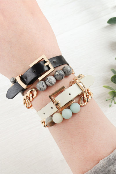 STONE CHARM LONG LEATHER-CHAIN BRACELET