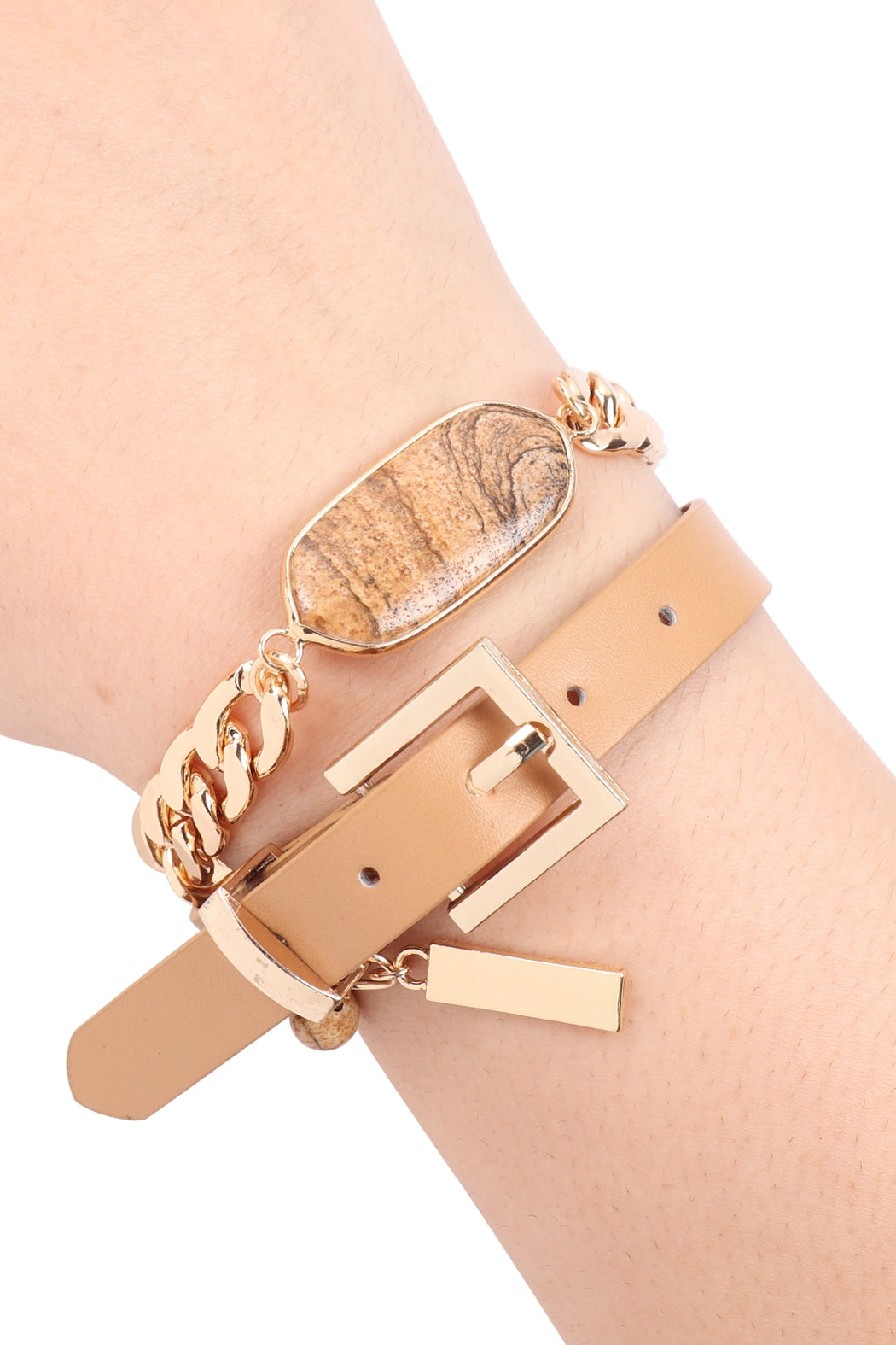 OVAL STONE CHARM LONG CHAIN-LEATHER BRACELET