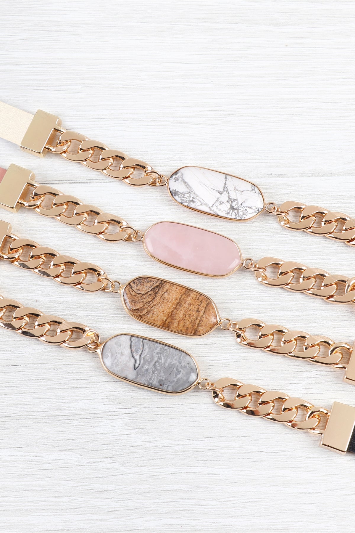 OVAL STONE CHARM LONG CHAIN-LEATHER BRACELET