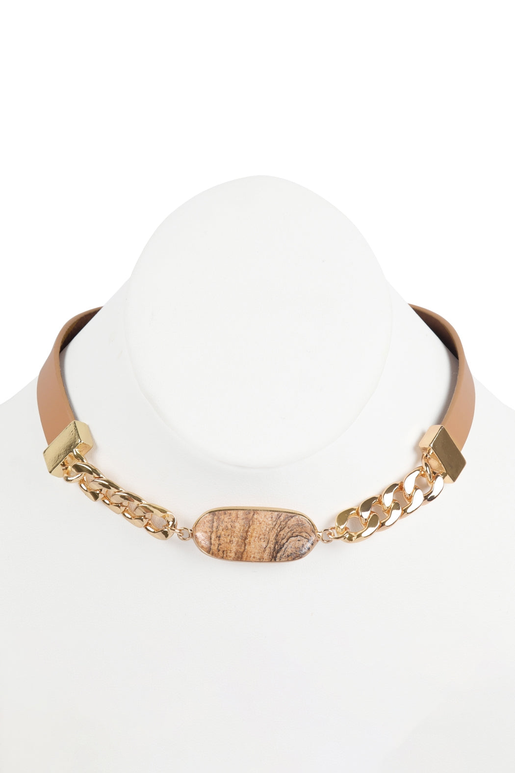 OVAL STONE CHARM LONG CHAIN-LEATHER BRACELET