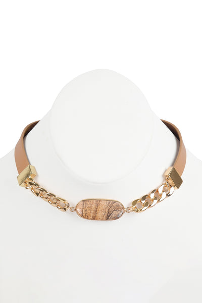 OVAL STONE CHARM LONG CHAIN-LEATHER BRACELET