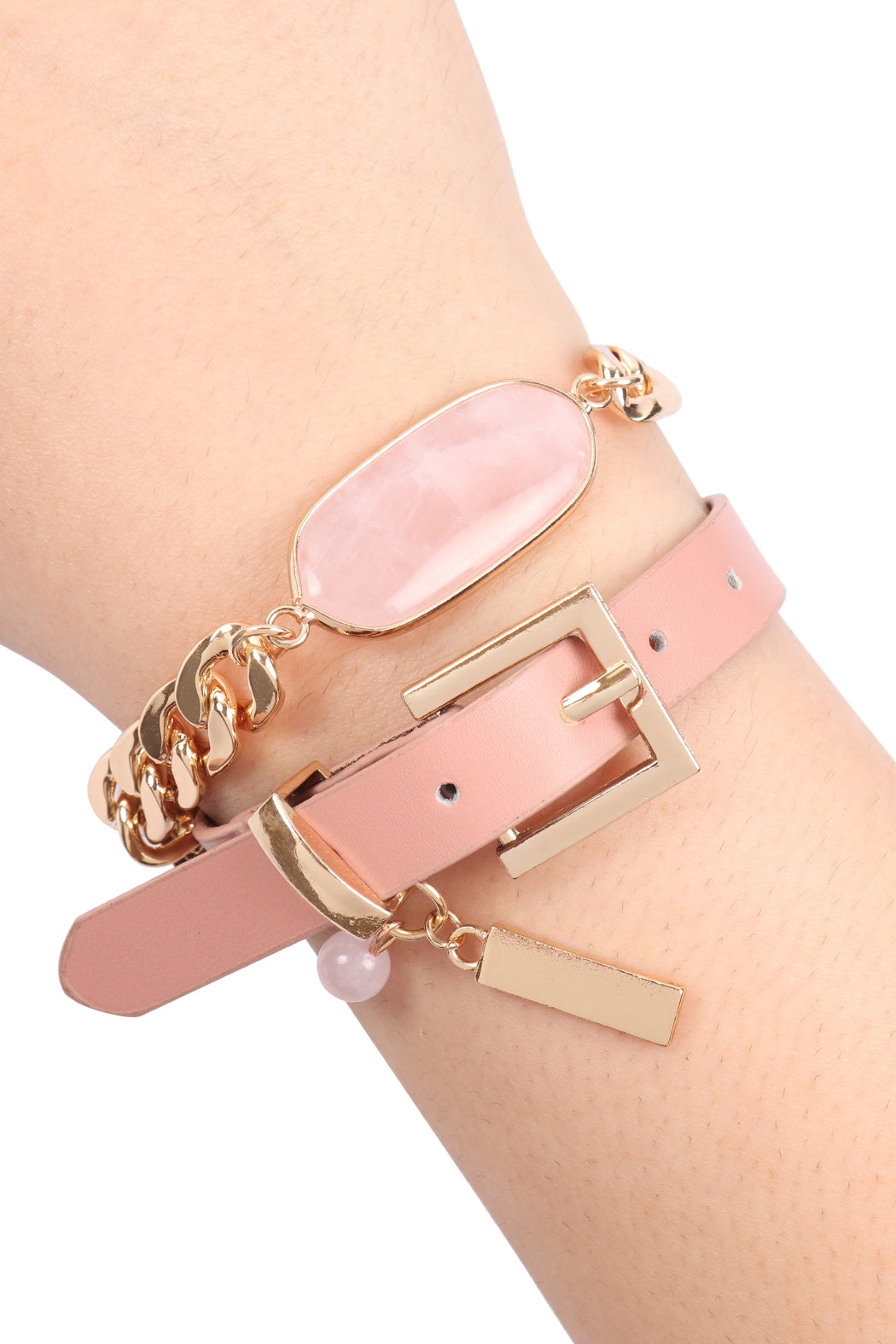 OVAL STONE CHARM LONG CHAIN-LEATHER BRACELET