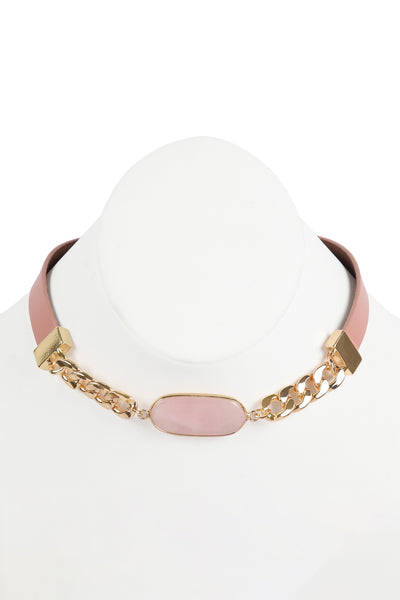 OVAL STONE CHARM LONG CHAIN-LEATHER BRACELET