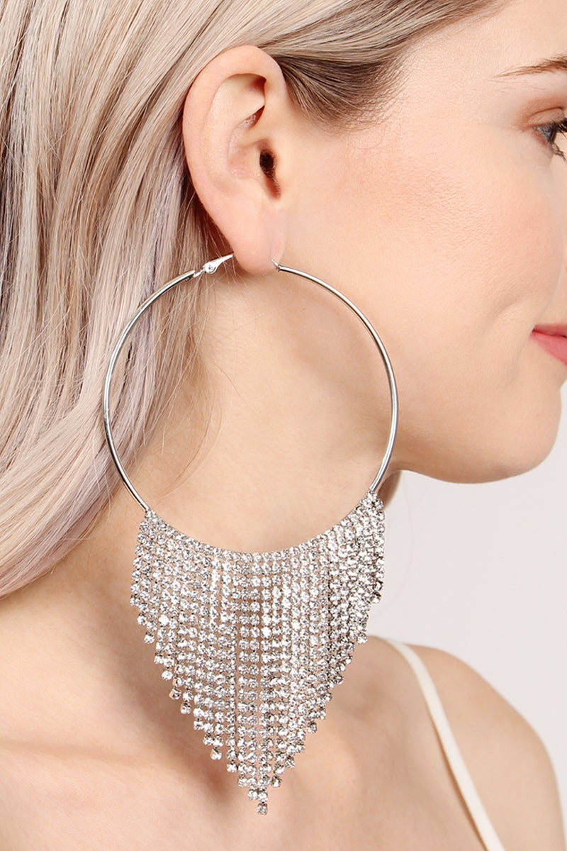 V SILVER CLEAR TASSEL DANGLING HOOP EARRING