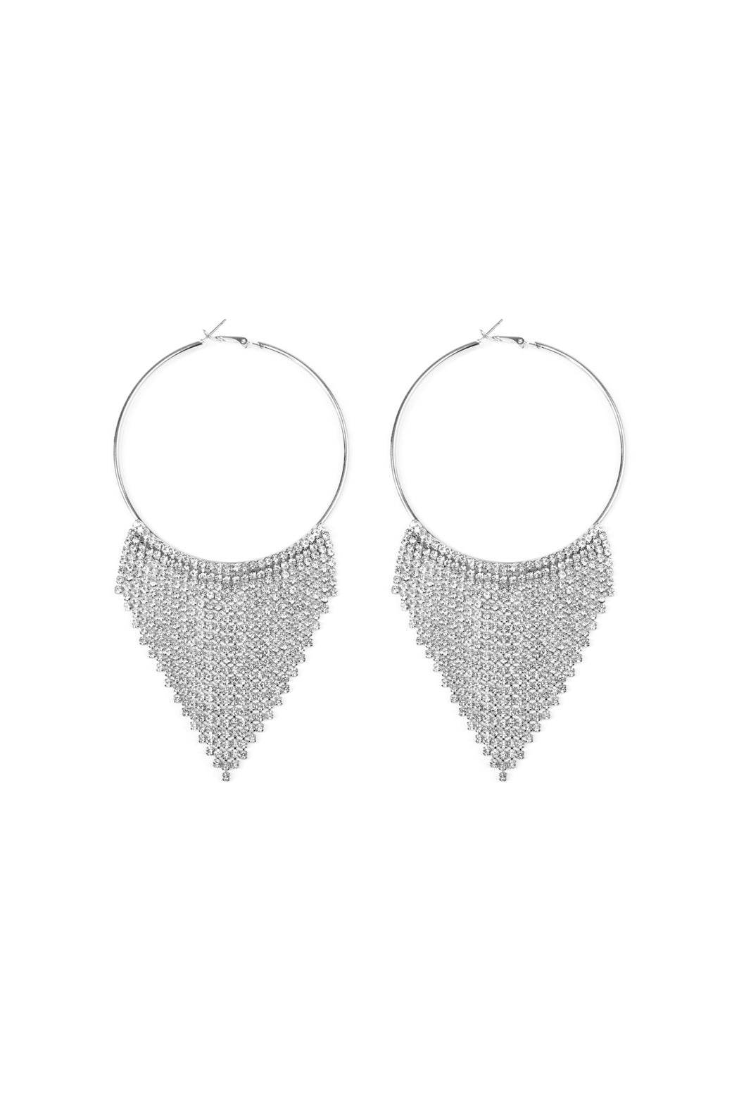 V SILVER CLEAR TASSEL DANGLING HOOP EARRING