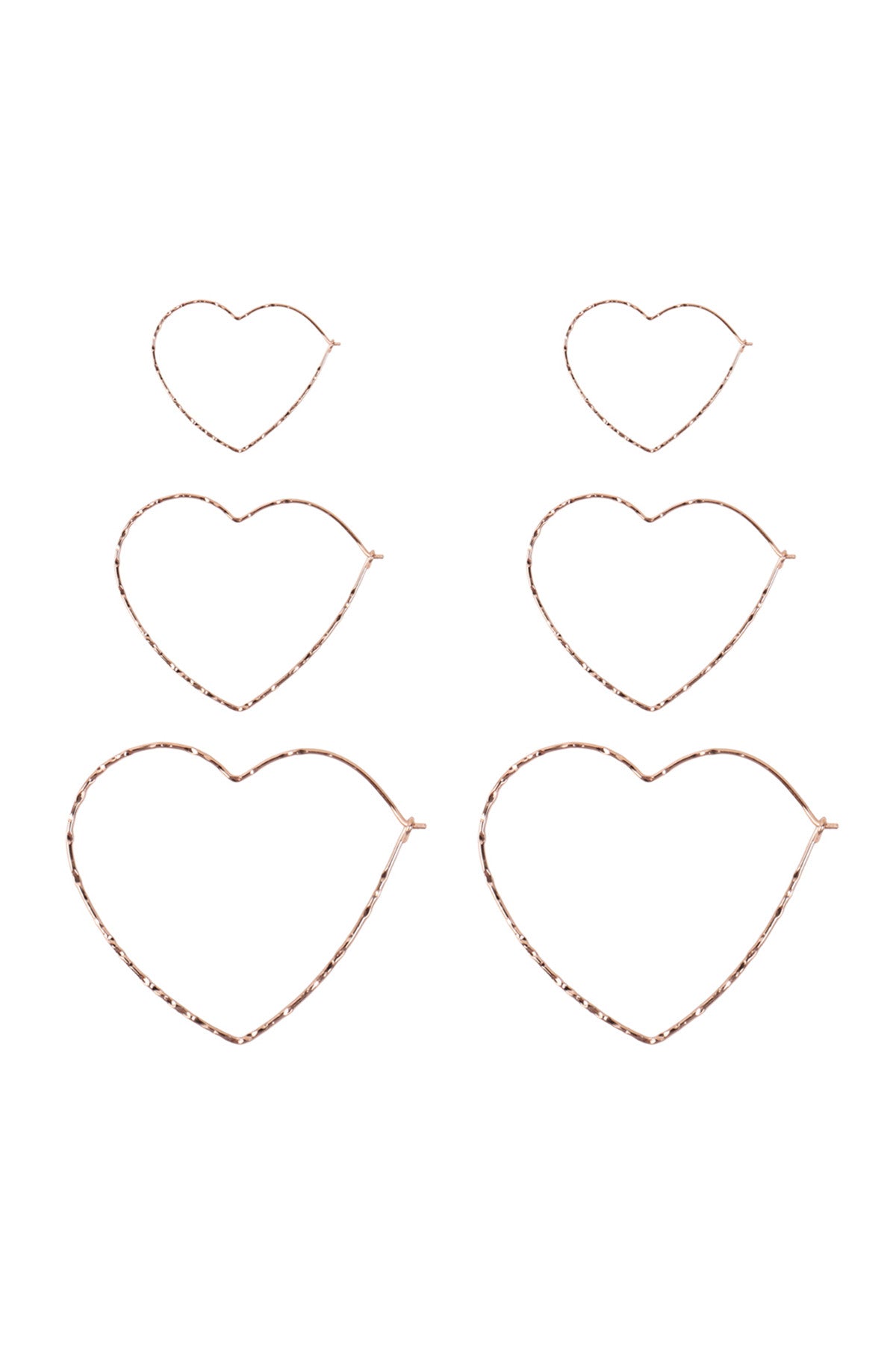 3 PAIRS ON A CARD HAMMERED HEART HOOP EARRINGS SET