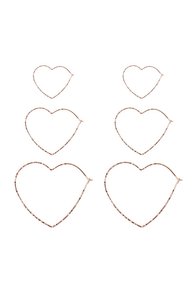 3 PAIRS ON A CARD HAMMERED HEART HOOP EARRINGS SET