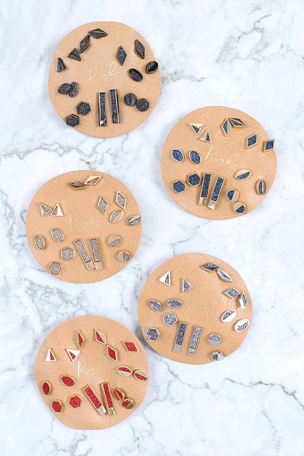 ASSORTED SET GEOMETRIC SHAPE DRUZY STUD EARRINGS