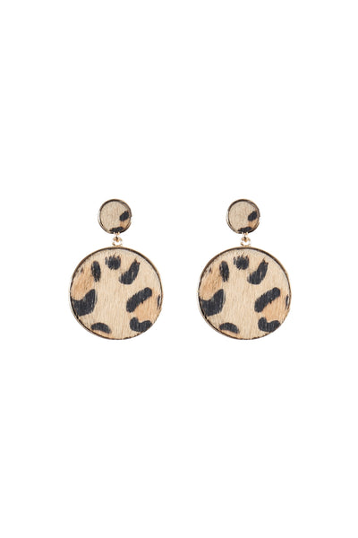 LEOPARD LEATHER PRINT ROUND POST DANGLING EARRINGS