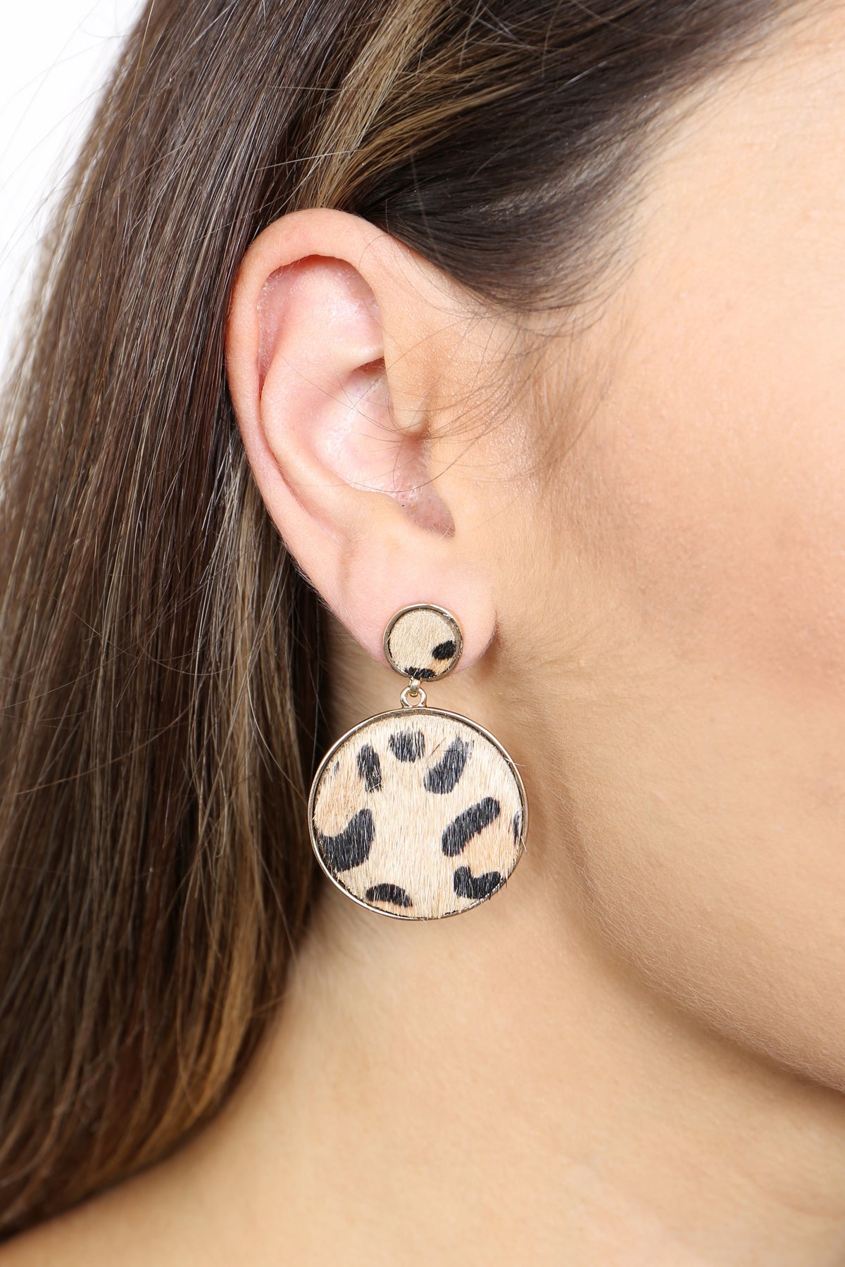 LEOPARD LEATHER PRINT ROUND POST DANGLING EARRINGS