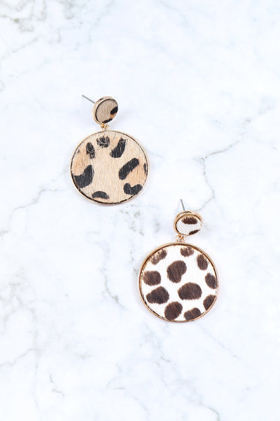 LEOPARD LEATHER PRINT ROUND POST DANGLING EARRINGS