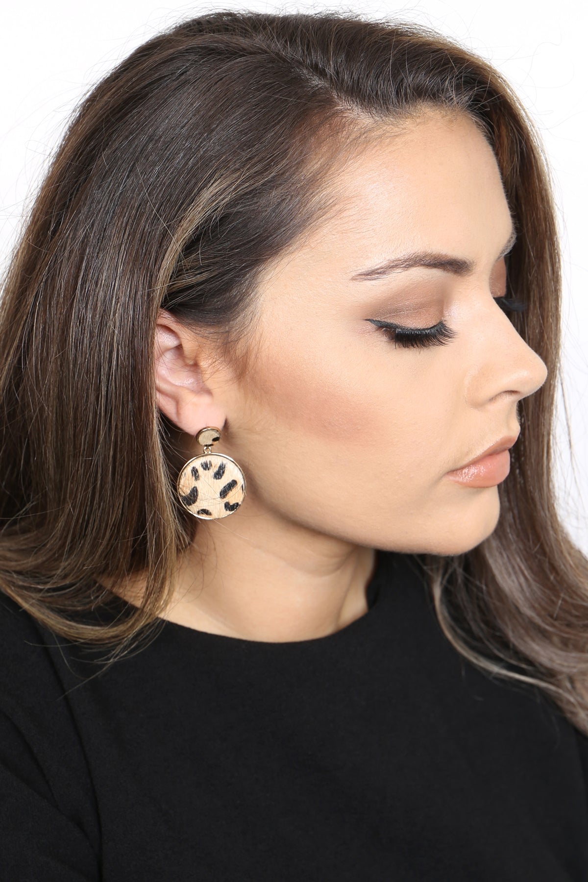 LEOPARD LEATHER PRINT ROUND POST DANGLING EARRINGS