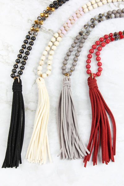 BEADED NECKLACE WITH LEATHER TASSEL/6PCS