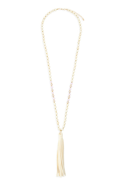 BEADED NECKLACE WITH LEATHER TASSEL/6PCS