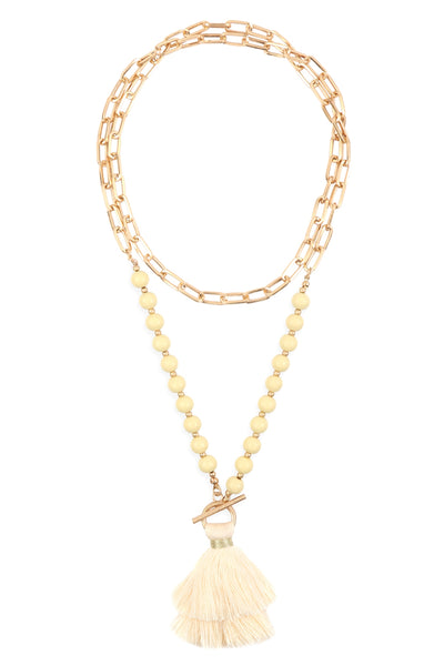 COTTON TASSEL CHAIN BEADED NECKLACE