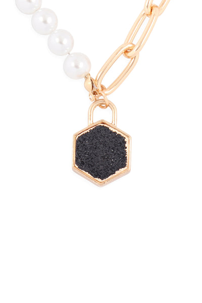 DRUZY PENTAGON PENDANT HALF CHAIN HALF PEARL NECKLACE