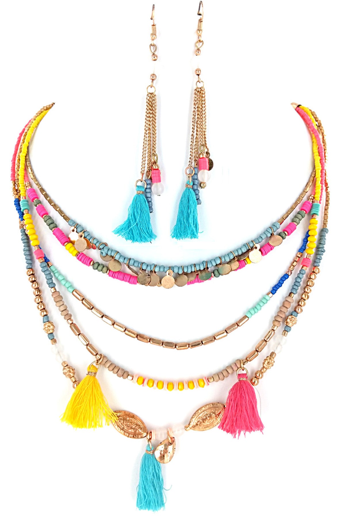 MULTI COLOR BEADED & TASSEL NECKLACE WITH MATCHING EARRINGS SET