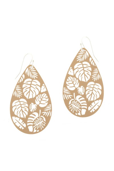 METAL FILIGREE TROPICAL LEAF FISH HOOK EARRINGS