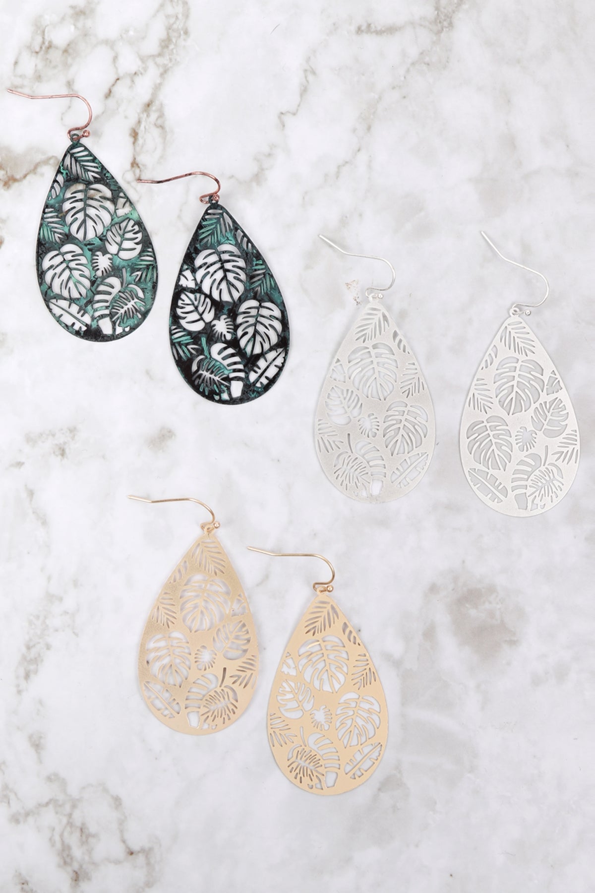 METAL FILIGREE TROPICAL LEAF FISH HOOK EARRINGS