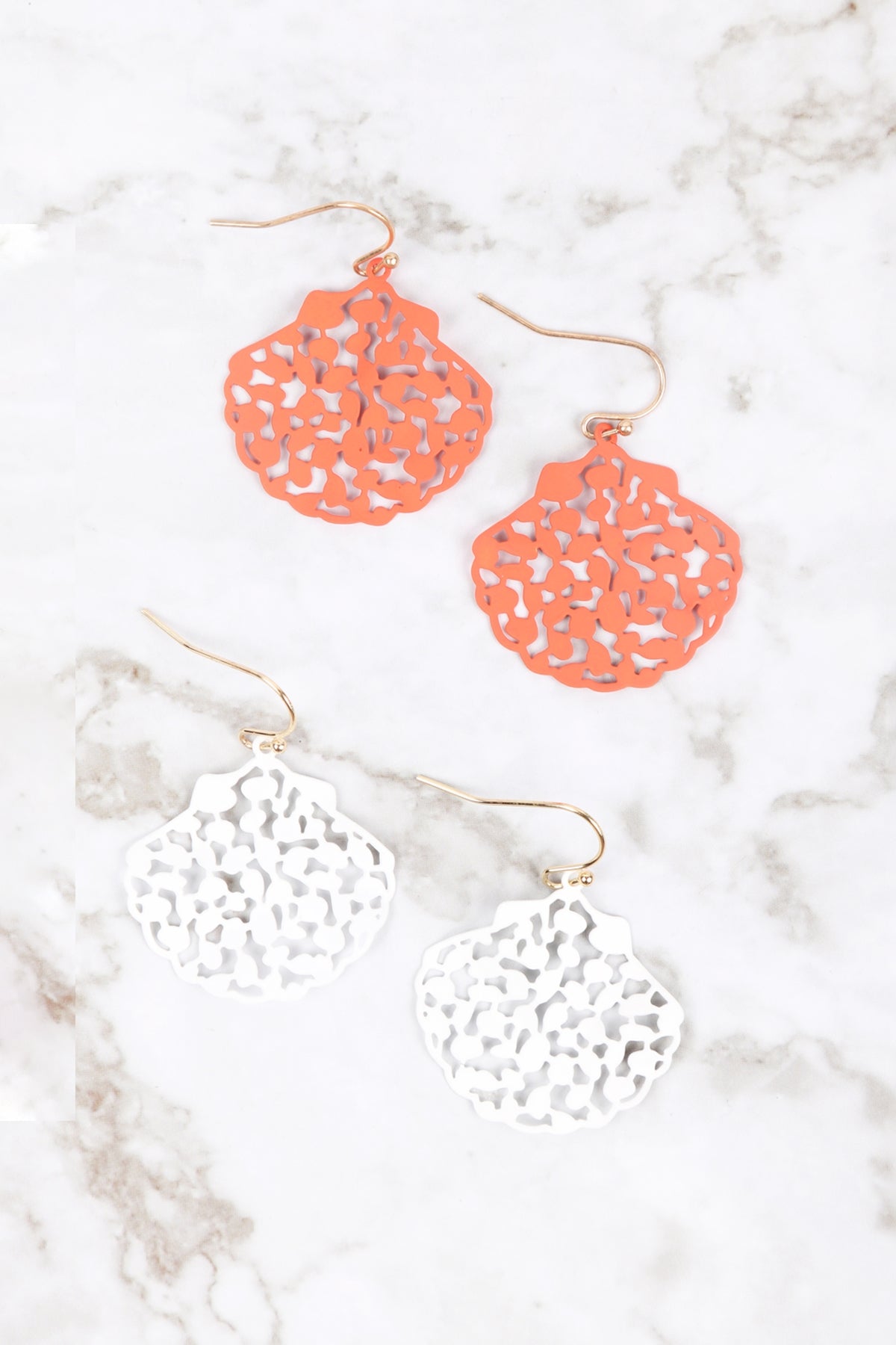 FILIGREE SHELL FISH HOOK EARRINGS